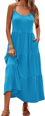 Halife Womens Flowy Tiered Maxi Dress Sleeveless Summer Sundresses Adjustable Straps Long Beach Sun Dresses with Pockets in Kuwait