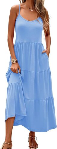 Halife Womens Flowy Tiered Maxi Dress Sleeveless Summer Sundresses Adjustable Straps Long Beach Sun Dresses with Pockets in Kuwait