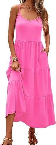 Halife Womens Flowy Tiered Maxi Dress Sleeveless Summer Sundresses Adjustable Straps Long Beach Sun Dresses with Pockets in Kuwait