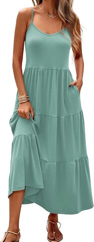 Halife Womens Flowy Tiered Maxi Dress Sleeveless Summer Sundresses Adjustable Straps Long Beach Sun Dresses with Pockets in Kuwait