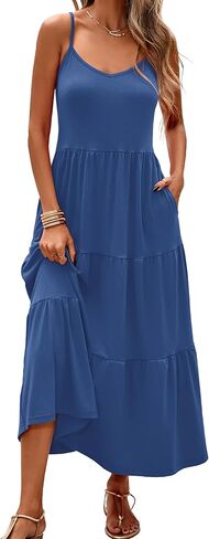 Halife Womens Flowy Tiered Maxi Dress Sleeveless Summer Sundresses Adjustable Straps Long Beach Sun Dresses with Pockets in Kuwait