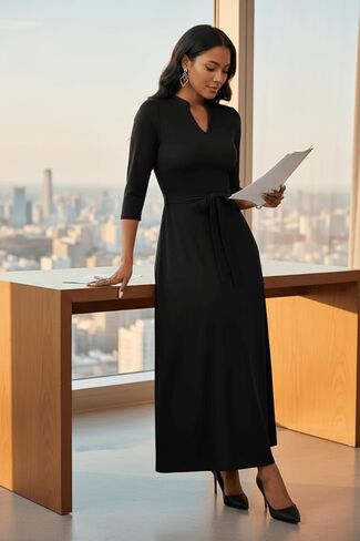 فستان FANDEE طويل للنساء، كاجوال برقبة على شكل حرف V وأكمام 3/4 فساتين طويلة مع جيوب in Kuwait