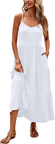 Halife Womens Flowy Tiered Maxi Dress Sleeveless Summer Sundresses Adjustable Straps Long Beach Sun Dresses with Pockets in Kuwait