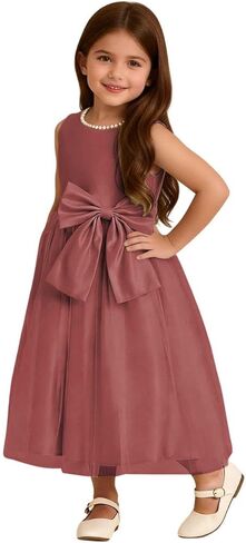 Toddler Baby Flower Girl Dress Bowknot Tulle Satin Kids Pearls Prom Princess Birthday Formal Party Pageant Gown in Saudi Arabia