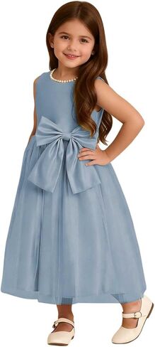 Toddler Baby Flower Girl Dress Bowknot Tulle Satin Kids Pearls Prom Princess Birthday Formal Party Pageant Gown in Saudi Arabia