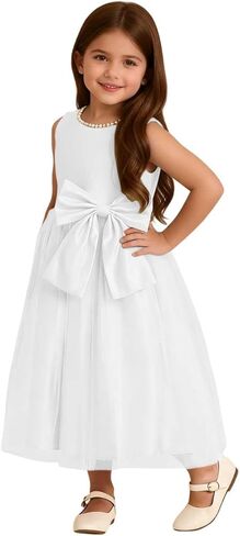Toddler Baby Flower Girl Dress Bowknot Tulle Satin Kids Pearls Prom Princess Birthday Formal Party Pageant Gown in Saudi Arabia