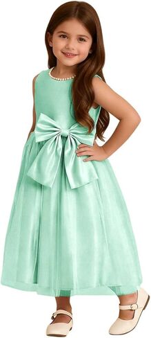 Toddler Baby Flower Girl Dress Bowknot Tulle Satin Kids Pearls Prom Princess Birthday Formal Party Pageant Gown in Saudi Arabia