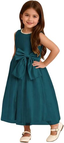 Toddler Baby Flower Girl Dress Bowknot Tulle Satin Kids Pearls Prom Princess Birthday Formal Party Pageant Gown in Saudi Arabia