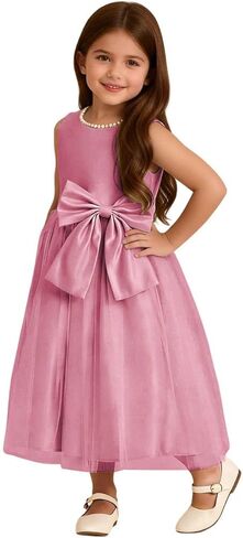 Toddler Baby Flower Girl Dress Bowknot Tulle Satin Kids Pearls Prom Princess Birthday Formal Party Pageant Gown in Saudi Arabia