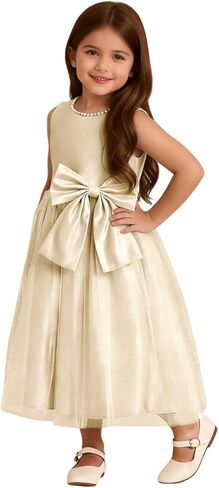 Toddler Baby Flower Girl Dress Bowknot Tulle Satin Kids Pearls Prom Princess Birthday Formal Party Pageant Gown in Saudi Arabia