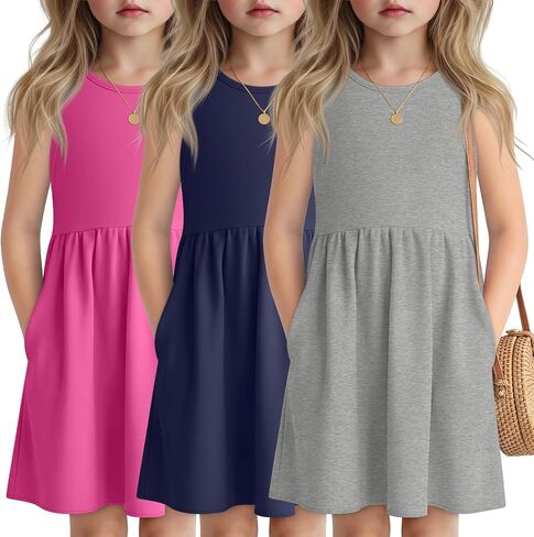 3 Pack Girls Sleeveless Summer Dresses 4T-13Y 2 Pockets Midi Tank Sundress Kids Casual Crewneck Loose Beach Dress in Saudi Arabia