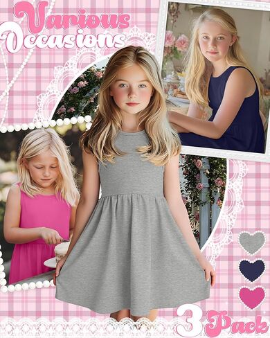 3 Pack Girls Sleeveless Summer Dresses 4T-13Y 2 Pockets Midi Tank Sundress Kids Casual Crewneck Loose Beach Dress in Saudi Arabia