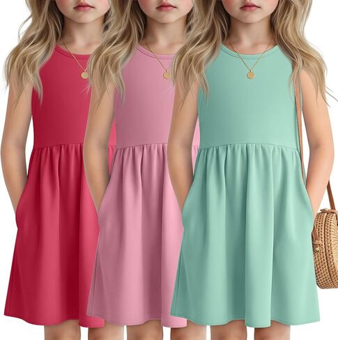 3 Pack Girls Sleeveless Summer Dresses 4T-13Y 2 Pockets Midi Tank Sundress Kids Casual Crewneck Loose Beach Dress in Saudi Arabia