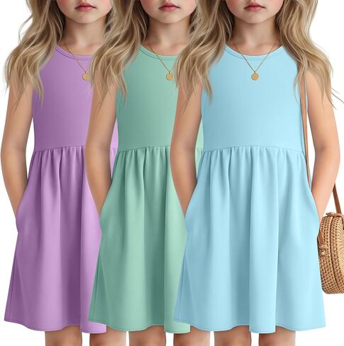 3 Pack Girls Sleeveless Summer Dresses 4T-13Y 2 Pockets Midi Tank Sundress Kids Casual Crewneck Loose Beach Dress in Saudi Arabia