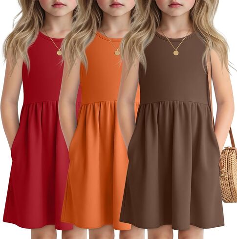 3 Pack Girls Sleeveless Summer Dresses 4T-13Y 2 Pockets Midi Tank Sundress Kids Casual Crewneck Loose Beach Dress in Saudi Arabia