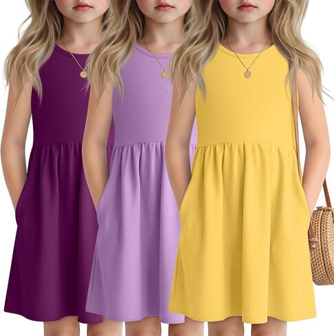 3 Pack Girls Sleeveless Summer Dresses 4T-13Y 2 Pockets Midi Tank Sundress Kids Casual Crewneck Loose Beach Dress in Saudi Arabia