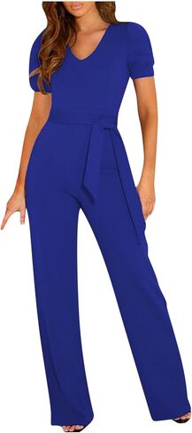 Jumpsuits for Women Dressy Casual Short Sleeve Summer Romper V Neck Drawstring One Piece Vacation Elegant Outfits in Kuwait