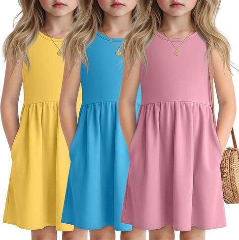 3 Pack Girls Sleeveless Summer Dresses 4T-13Y 2 Pockets Midi Tank Sundress Kids Casual Crewneck Loose Beach Dress in Saudi Arabia