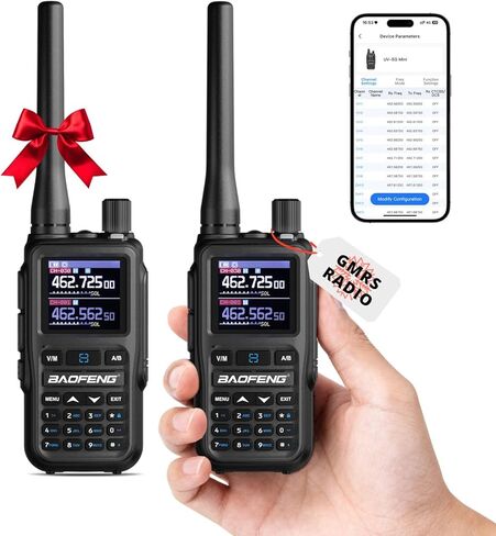 [متوافق مع Chirp] راديو Baofeng UV-5G Mini GMRS المحمول مع برمجة تطبيق BT، جهاز اتصال لاسلكي طويل المدى GMRS مكرر قادر، مع جهاز استقبال 8 نطاقات، 999 قناة، للطرق الوعرة، عبوتان، كهرماني in Saudi Arabia