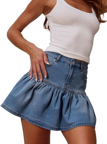 تنورة قصيرة من قماش الدنيم للسيدات من YUNDAI مع جيب بخصر عالٍ وحاشية مكشكشة على شكل حرف A تنورة قصيرة من الجينز لملابس الشارع غير الرسمية in Kuwait