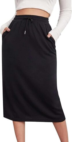 Womens Drawstring Maxi Skirt with Pockets Elastic High Waist A Line Long Sweat Skirts Trendy Fashion Outfits Clothes in Saudi Arabia