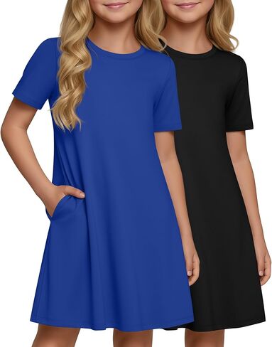 2 Pack Girls Dress 5-14Y with 2 Pockets Kids Short Sleeve Crewneck Basic Dress Teen A-Line Casual Summer School in Saudi Arabia