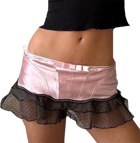 Womens Leopard Cheetah Mini Skirt Y2k Lace Trim Ruffle Short Skirt 90s Vintage Animal Print A Line Skirts in Kuwait