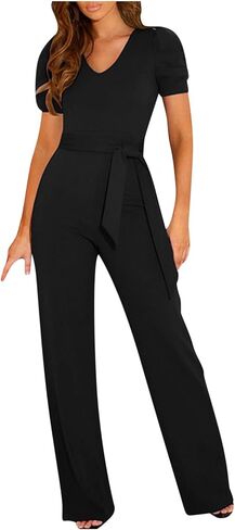 Jumpsuits for Women Dressy Casual Short Sleeve Summer Romper V Neck Drawstring One Piece Vacation Elegant Outfits in Kuwait