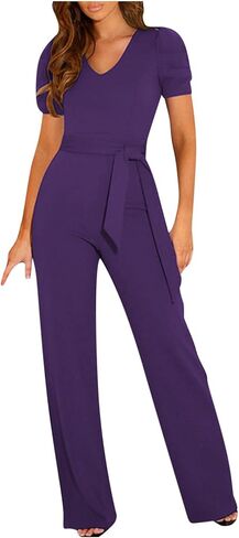 Jumpsuits for Women Dressy Casual Short Sleeve Summer Romper V Neck Drawstring One Piece Vacation Elegant Outfits in Kuwait