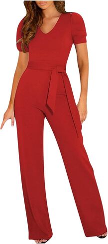 Jumpsuits for Women Dressy Casual Short Sleeve Summer Romper V Neck Drawstring One Piece Vacation Elegant Outfits in Kuwait