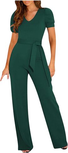 Jumpsuits for Women Dressy Casual Short Sleeve Summer Romper V Neck Drawstring One Piece Vacation Elegant Outfits in Kuwait