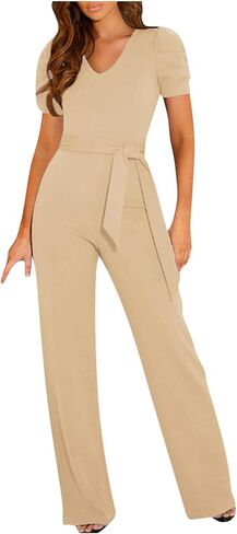 Jumpsuits for Women Dressy Casual Short Sleeve Summer Romper V Neck Drawstring One Piece Vacation Elegant Outfits in Kuwait