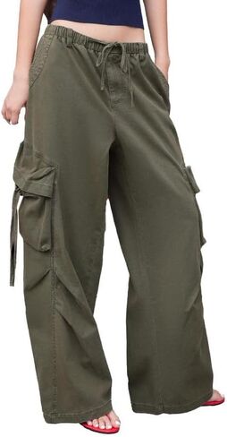 URBAN REVIVO Women's Wide Leg Cargo Pants Loose Fit with Drawstring Waist & Pockets - Autumn Dusty Green Casual in Kuwait