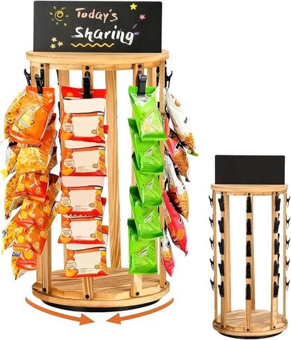حامل عرض شرائح الرقائق، 5 طبقات 40 مشبكًا منظم الوجبات الخفيفة، قاعدة خشبية دوارة 360 درجة حامل شرائح الحلوى مع لوحة رسائل لمتجر البيع بالتجزئة، حامل الامتياز، الحفلات، مكتب المكتب in Kuwait