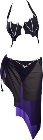 MEOWCOS Women Gothic Bikini Set Devil Wings Bikini Bathing Suit Black and Silver Swimsuit with Sarong in Saudi Arabia