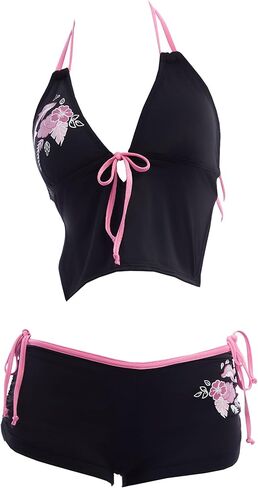Women's Bikini Sets Adjustable Spaghetti Straps Y2K Two-Piece Bathing Suit Lace-Up Back Pink Floral Dolphin Print in Saudi Arabia