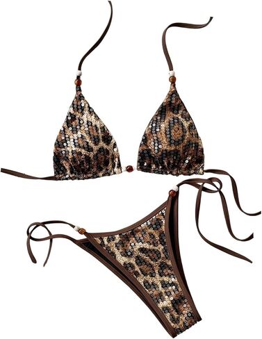 OYOANGLE Women's 2 Piece Leopard Print Swimsuits Sequin Sparkly Triangle Halter Bikini Set Beachwear in Saudi Arabia