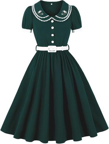 Odizli Women's 1950s Retro Dress Short Puff Sleeve Embroidery Print Cocktail Party Rockabilly Wedding Dress with Belt in Saudi Arabia