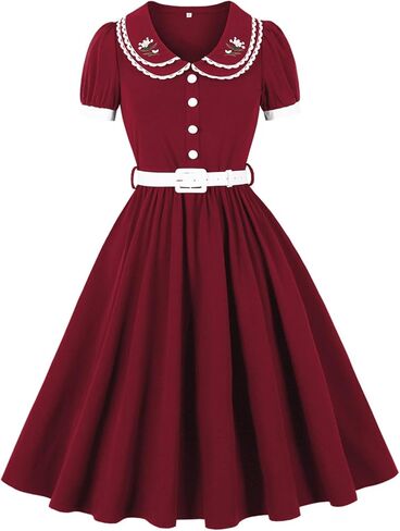 Odizli Women's 1950s Retro Dress Short Puff Sleeve Embroidery Print Cocktail Party Rockabilly Wedding Dress with Belt in Saudi Arabia