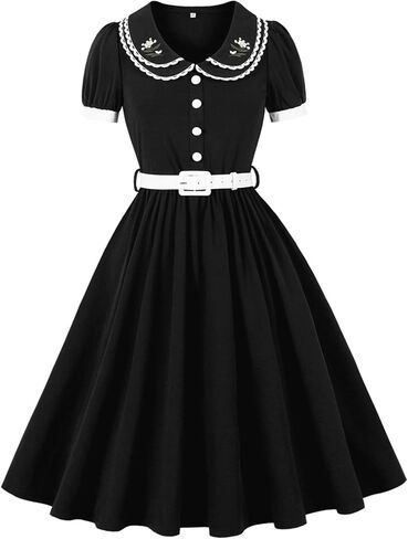 Odizli Women's 1950s Retro Dress Short Puff Sleeve Embroidery Print Cocktail Party Rockabilly Wedding Dress with Belt in Saudi Arabia