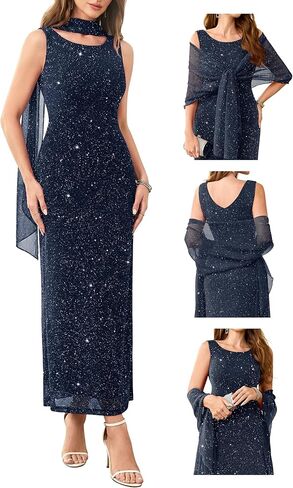 Wedtrend Women's Sparkly Sequin Dress Sleeveless 80s Prom Dress Evening Party Formal Dresses with Shawl in Saudi Arabia