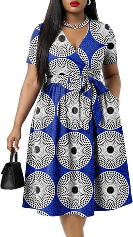FANDEE Plus Size Midi Dress, V Neck Short Sleeve African Dress with Belt Summer Wrap Cocktail Dresses for Women with Pockets in Saudi Arabia