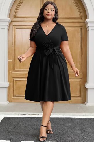 FANDEE Plus Size Midi Dress, V Neck Short Sleeve African Dress with Belt Summer Wrap Cocktail Dresses for Women with Pockets in Saudi Arabia