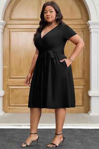 FANDEE Plus Size Midi Dress, V Neck Short Sleeve African Dress with Belt Summer Wrap Cocktail Dresses for Women with Pockets in Saudi Arabia