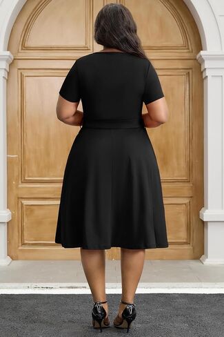 FANDEE Plus Size Midi Dress, V Neck Short Sleeve African Dress with Belt Summer Wrap Cocktail Dresses for Women with Pockets in Saudi Arabia