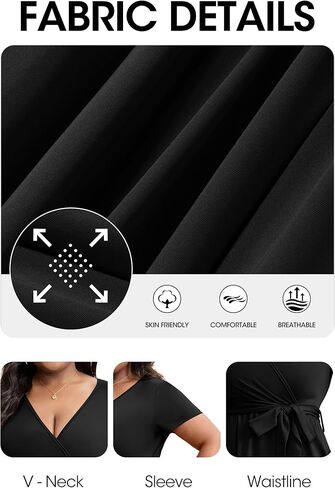 FANDEE Plus Size Midi Dress, V Neck Short Sleeve African Dress with Belt Summer Wrap Cocktail Dresses for Women with Pockets in Saudi Arabia