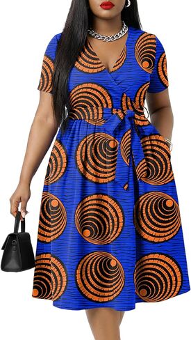 FANDEE Plus Size Midi Dress, V Neck Short Sleeve African Dress with Belt Summer Wrap Cocktail Dresses for Women with Pockets in Saudi Arabia