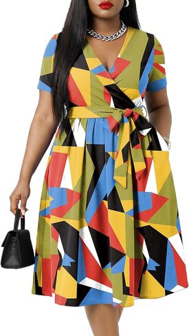 FANDEE Plus Size Midi Dress, V Neck Short Sleeve African Dress with Belt Summer Wrap Cocktail Dresses for Women with Pockets in Saudi Arabia