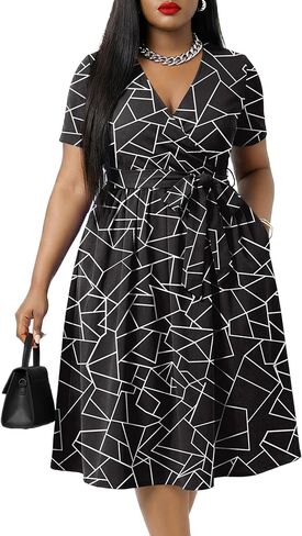 FANDEE Plus Size Midi Dress, V Neck Short Sleeve African Dress with Belt Summer Wrap Cocktail Dresses for Women with Pockets in Saudi Arabia