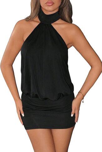 Women's Halter Mini Dress Backless Bodycon Night Short Cocktail Dresses Ruffle Going Out Club Y2k Formal Party in Saudi Arabia